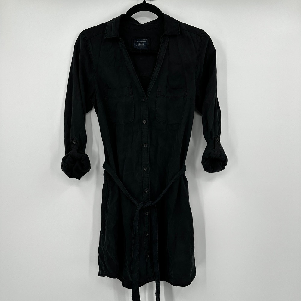 Abercrombie Fitch‎ Black Lyocell Shirt Dress Belted Roll Tab Sleeve Size Small